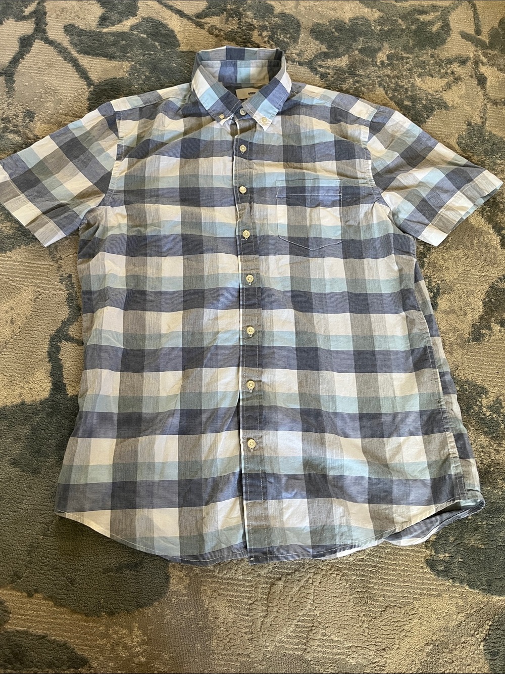 Sonoma Blue, White and Gray Plaid Short-Sleeve Button-Down Shirt